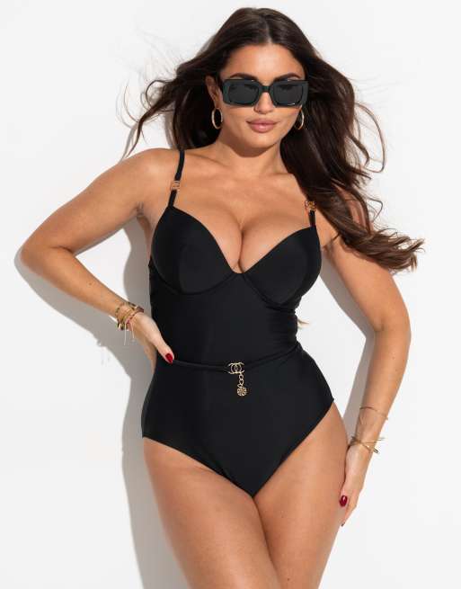 Pour Moi St Barts Push Up Boost Padded Underwired Control Swimsuit in Black, 4 of 7
