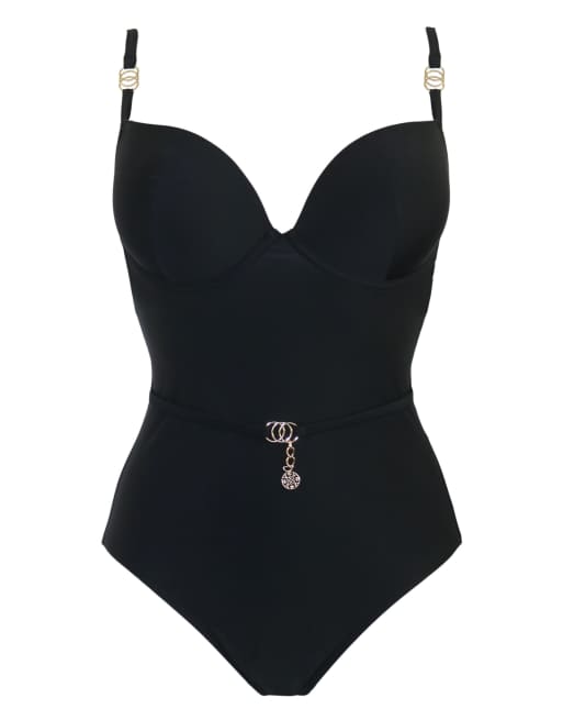Pour Moi St Barts Push Up Boost Padded Underwired Control Swimsuit in Black, 6 of 7
