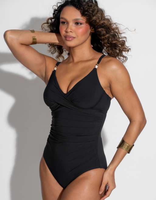 Pour Moi Tulum Luxe Matte Non Padded Underwired Twist Front Control Swimsuit in Black, 3 of 6