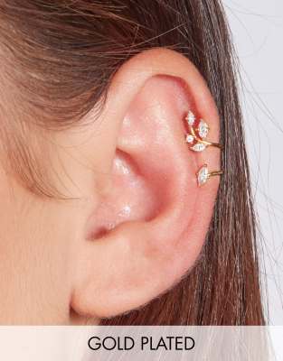  Позолоченная серьга-кафф в виде листочка с отделкой кристаллами With Bling-Золотистый