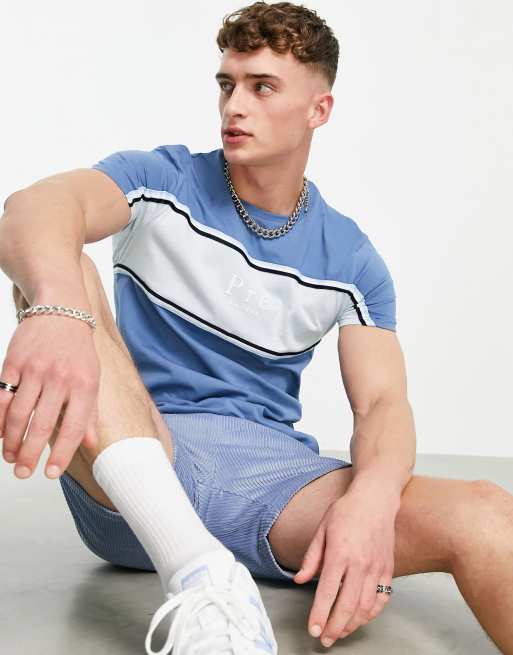 Pre London - T-shirt met blokstreep in collegestijl in blauw
