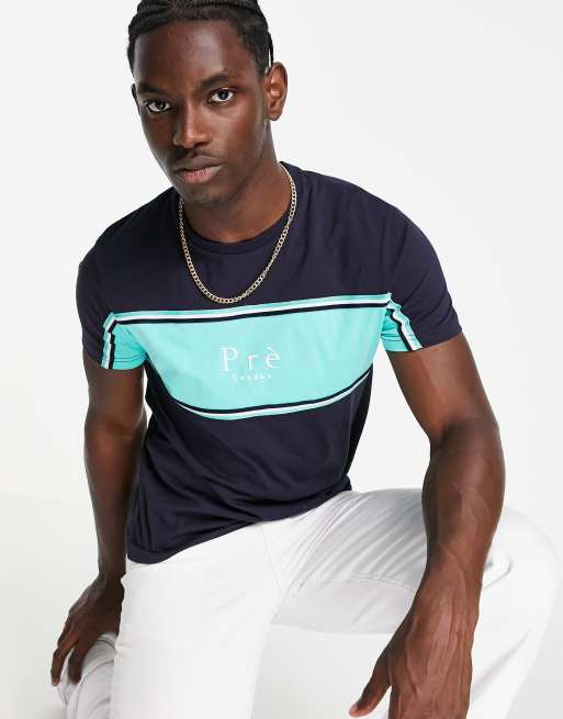 Pre London - T-shirt met gestreept kleurvlak in collegestijl in marineblauw