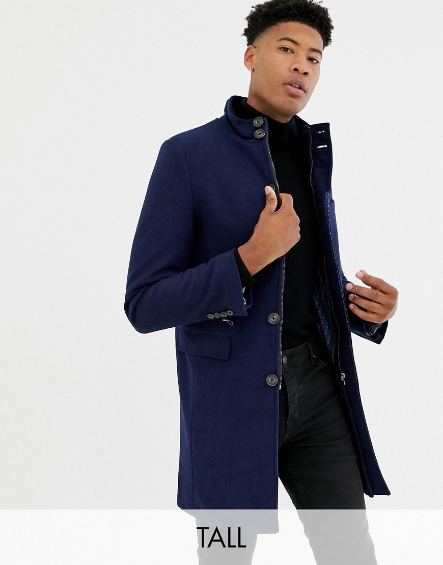 фото Премиум-пальто с высоким воротником из ткани с добавлением шерсти harry brown tall-темно-синий