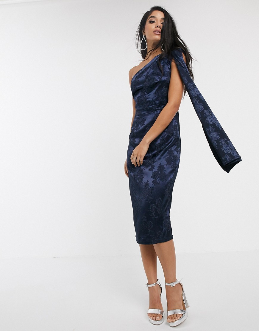Pretty Darling - Midi-jurk met asymmetrische mouw van jacquard-Marineblauw