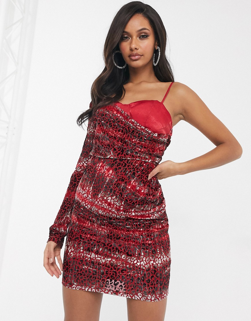 Pretty Darling one shoulder dress with bralet detail in red leopard-Multi