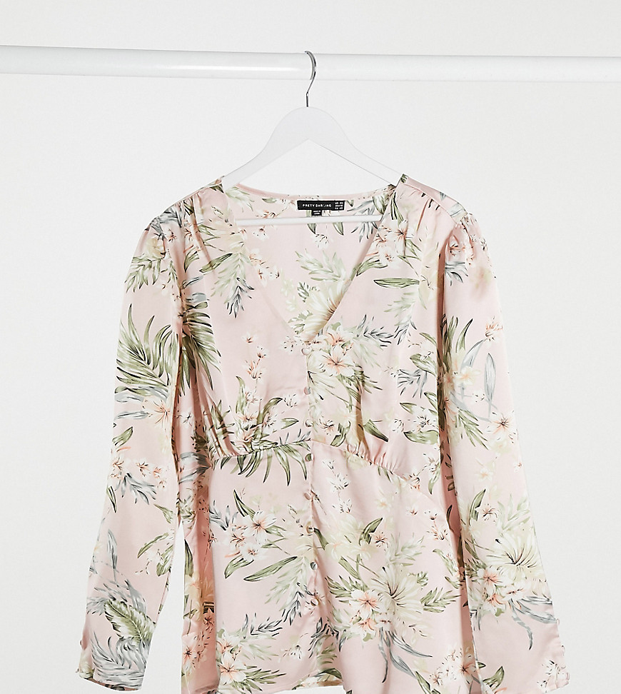 Pretty Darling Plus - Satijnen blouse met lange mouwen en bloemenprint-Multi