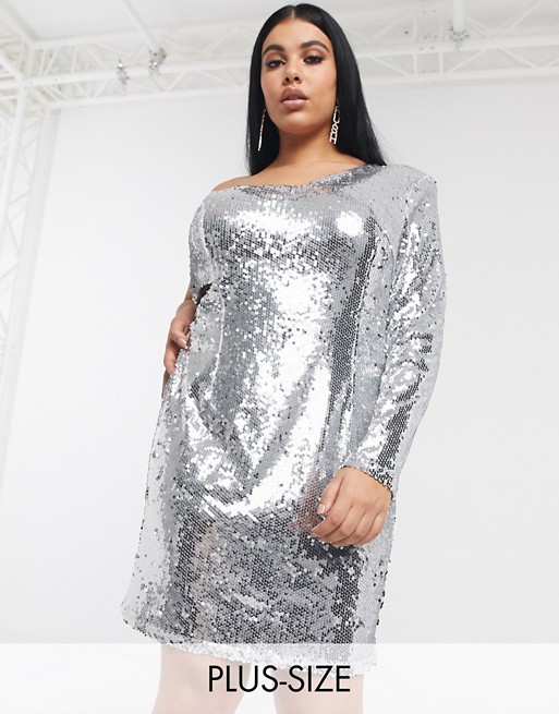 Pretty Darling Plus sequin one shoulder dress in silver