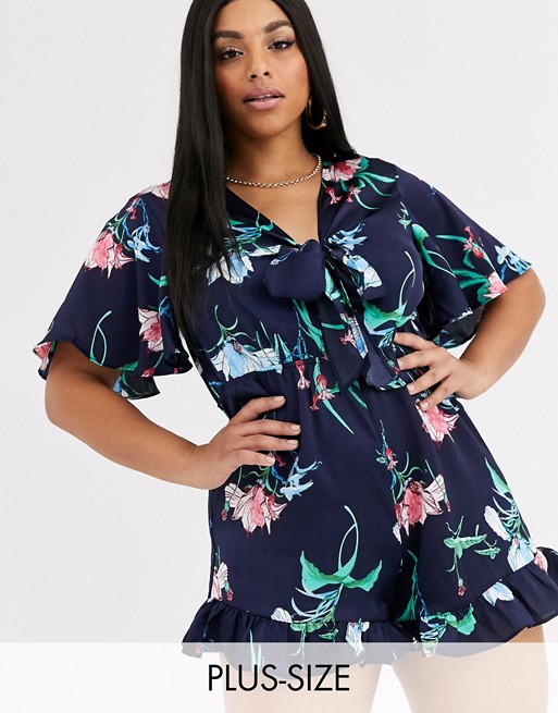 Pretty Darling Plus tie front floral playsuit