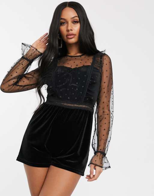 Pretty Darling sheer star ruffle playsuit in black