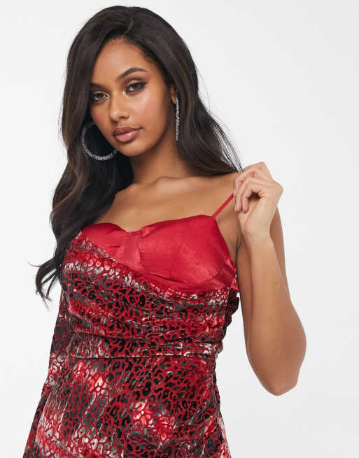Pretty Darling - Vestito monospalla con brassière rosso leopardato, 3 di 4