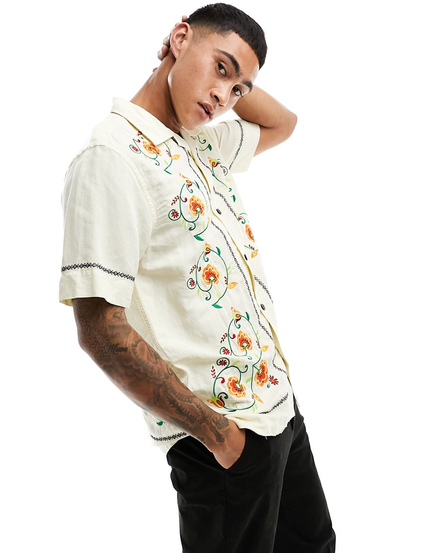 Pretty Green Avalon embroidery short sleeve shirt in off white