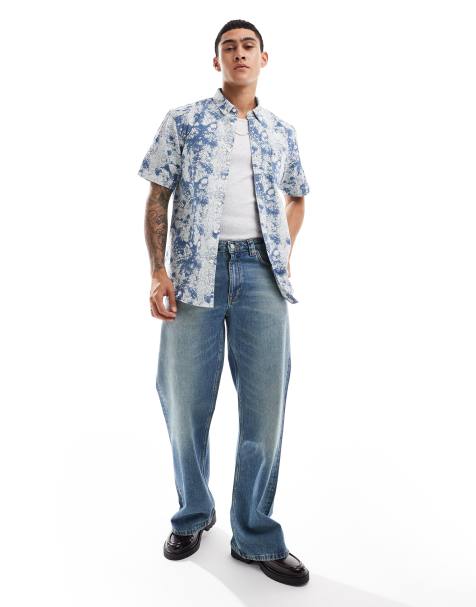 Pretty Green bleached denim short sleeve shirt in blue - view 1