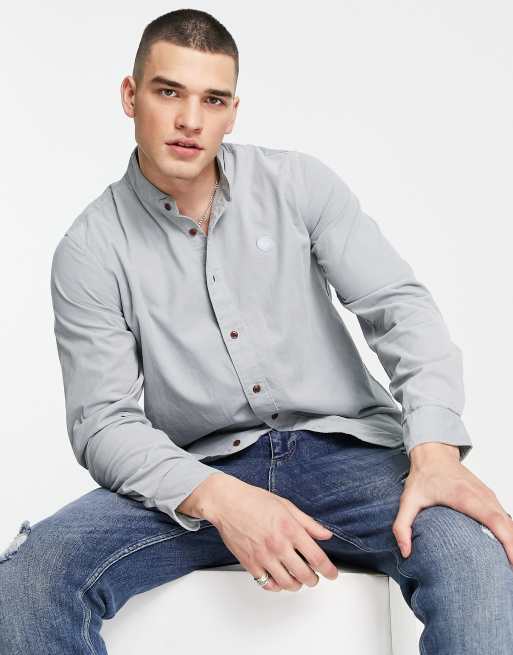 Pretty Green - Camicia a coste con collo serafino, colore blu 