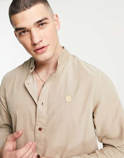 Pretty Green - Corduroy overhemd zonder kraag in stone 
