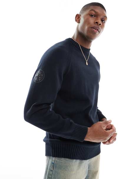 Pretty Green crew neck knit jumper with sleeve patch in burgandy - view 1