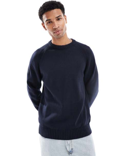Pretty Green crew neck knit jumper with sleeve patch in navy - view 1