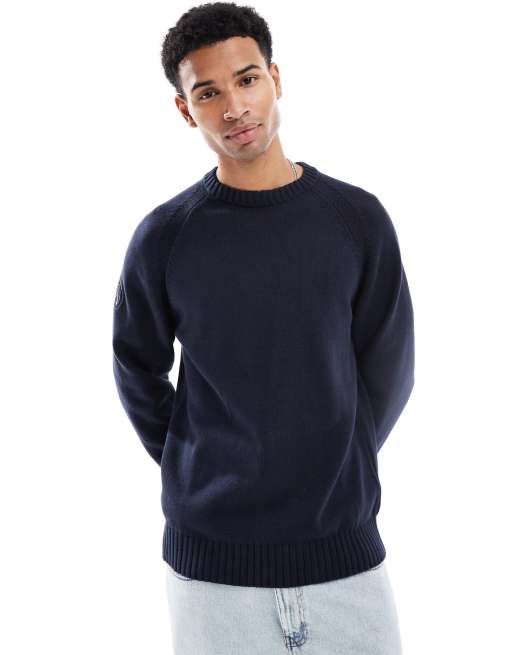 Pretty Green crew neck knit jumper with sleeve patch in navy