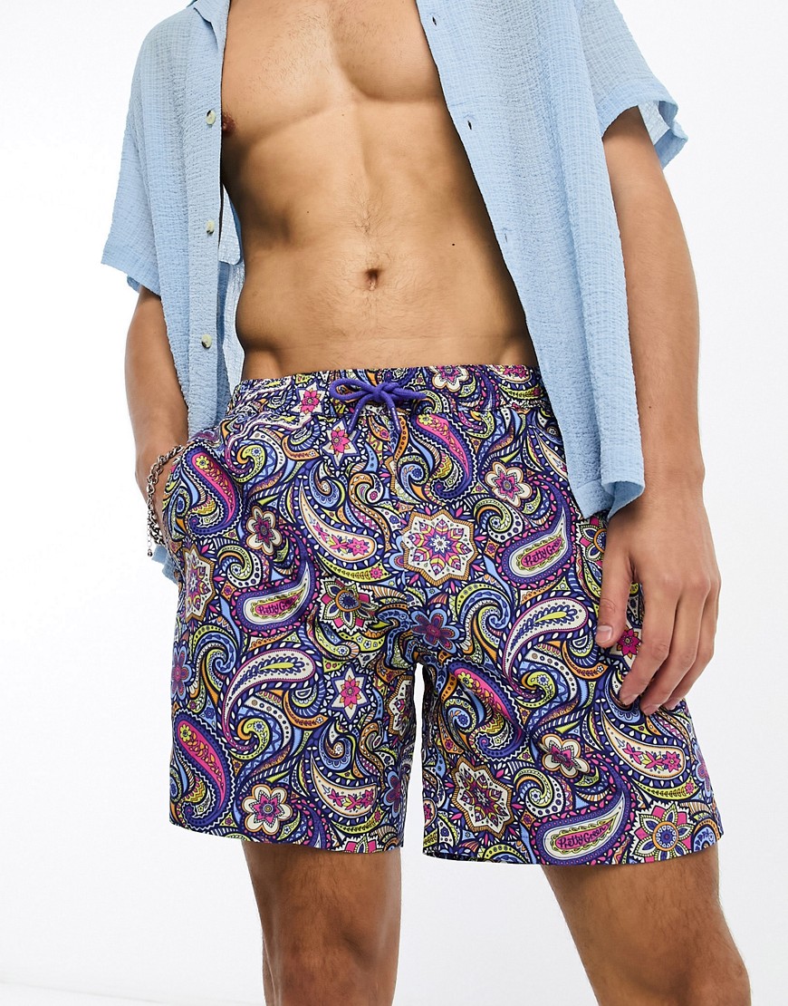 Pretty Green Festival Paisley Swim Shorts In Blue With All Over Print