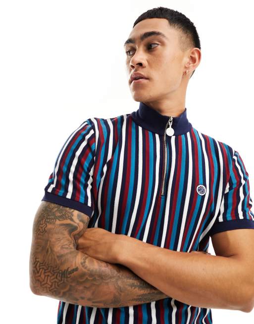 Pretty Green Hollen stripe zip thru polo shirt in navy