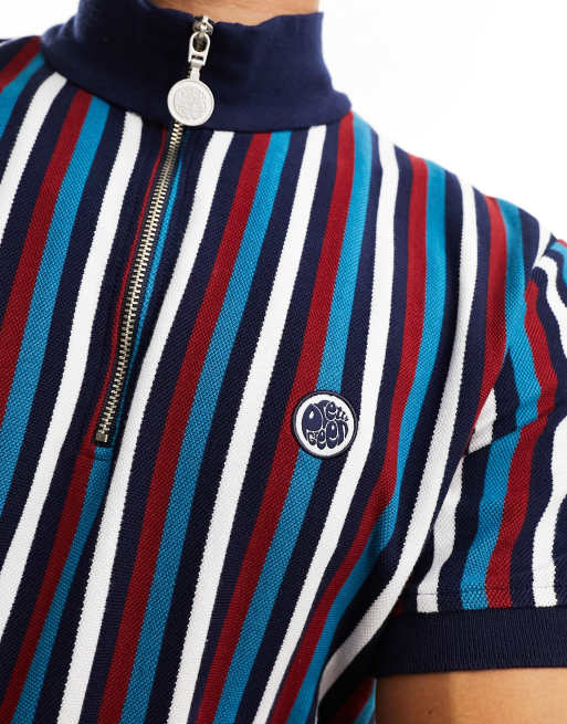 Pretty Green Hollen stripe zip thru polo shirt in navy