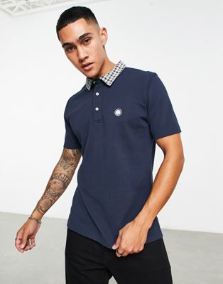 Pretty Green houndstooth collar short sleeve polo in navy