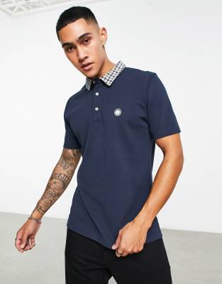 Pretty Green houndstooth collar short sleeve polo in navy