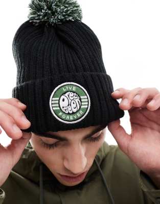 Pretty Green live forever bobble hat in black