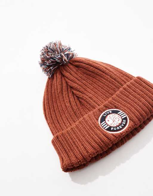 Pretty Green Live Forever bobble hat in red ASOS