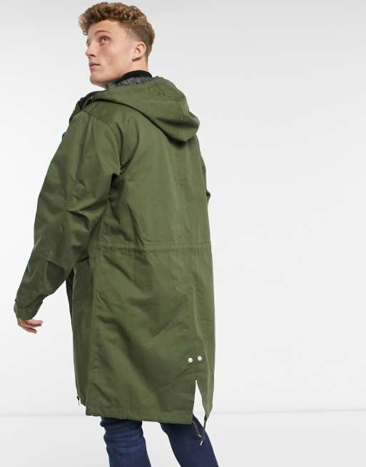 Pretty Green Lomas longline parka jacket in khaki