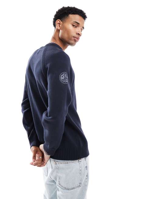 Pretty Green – Marinblå, stickad tröja med rund halsringning och ärmlapp, 3 av 4
