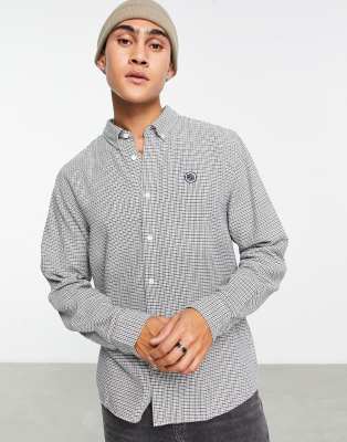 Pretty Green Micro Houndstooth Long Sleeve Shirt In Beige-neutral