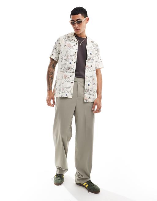 Pretty Green music sketch print short sleeve linen shirt in ecru