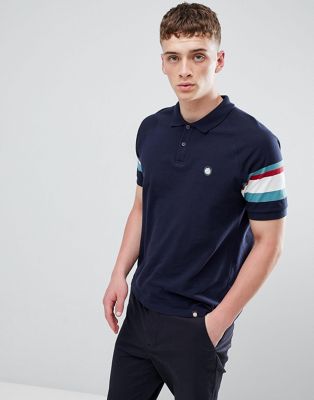 Pretty Green polo shirt with striped sleeves in navy | ASOS