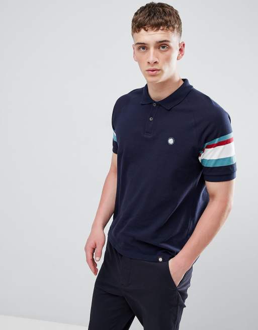 Pretty Green polo shirt with striped sleeves in navy
