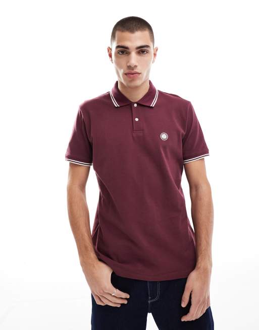 Pretty Green – Polohemd in Burgunderrot mit Logo und Zierstreifen