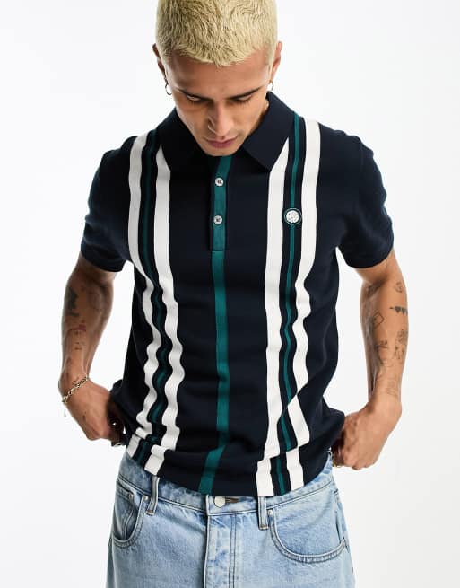 Pretty Green Ribera vertical stripe knitted polo in navy | ASOS