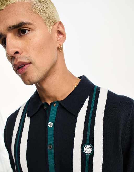 Pretty Green Ribera vertical stripe knitted polo in navy | ASOS