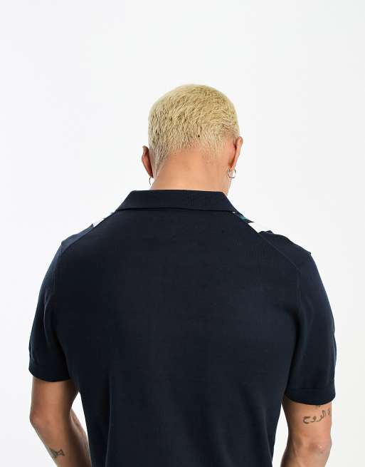 Pretty Green Ribera vertical stripe knitted polo in navy