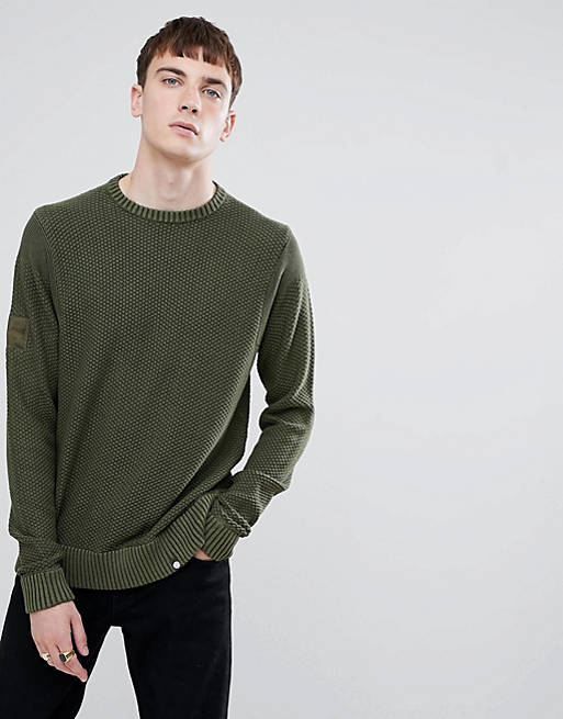 Pretty Green textured crew neck sweater in khaki