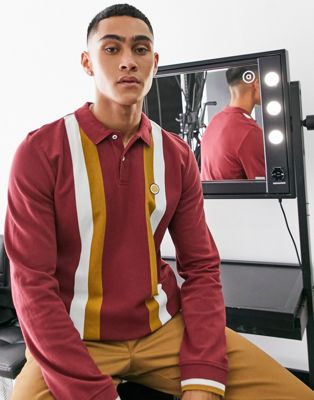Pretty Green tilby striped long sleeve polo in burgundy