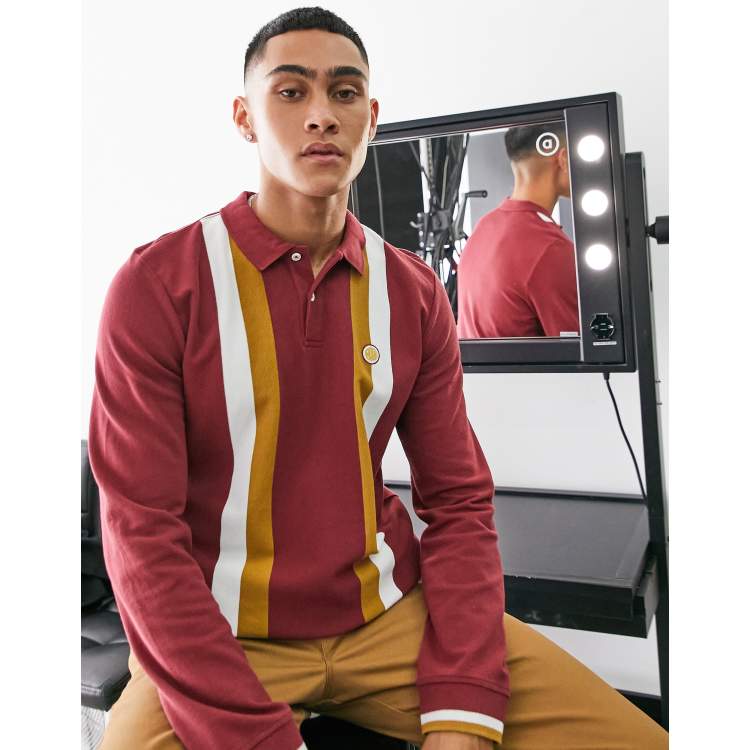 Pretty Green Tilby striped long sleeve polo in burgundy ASOS