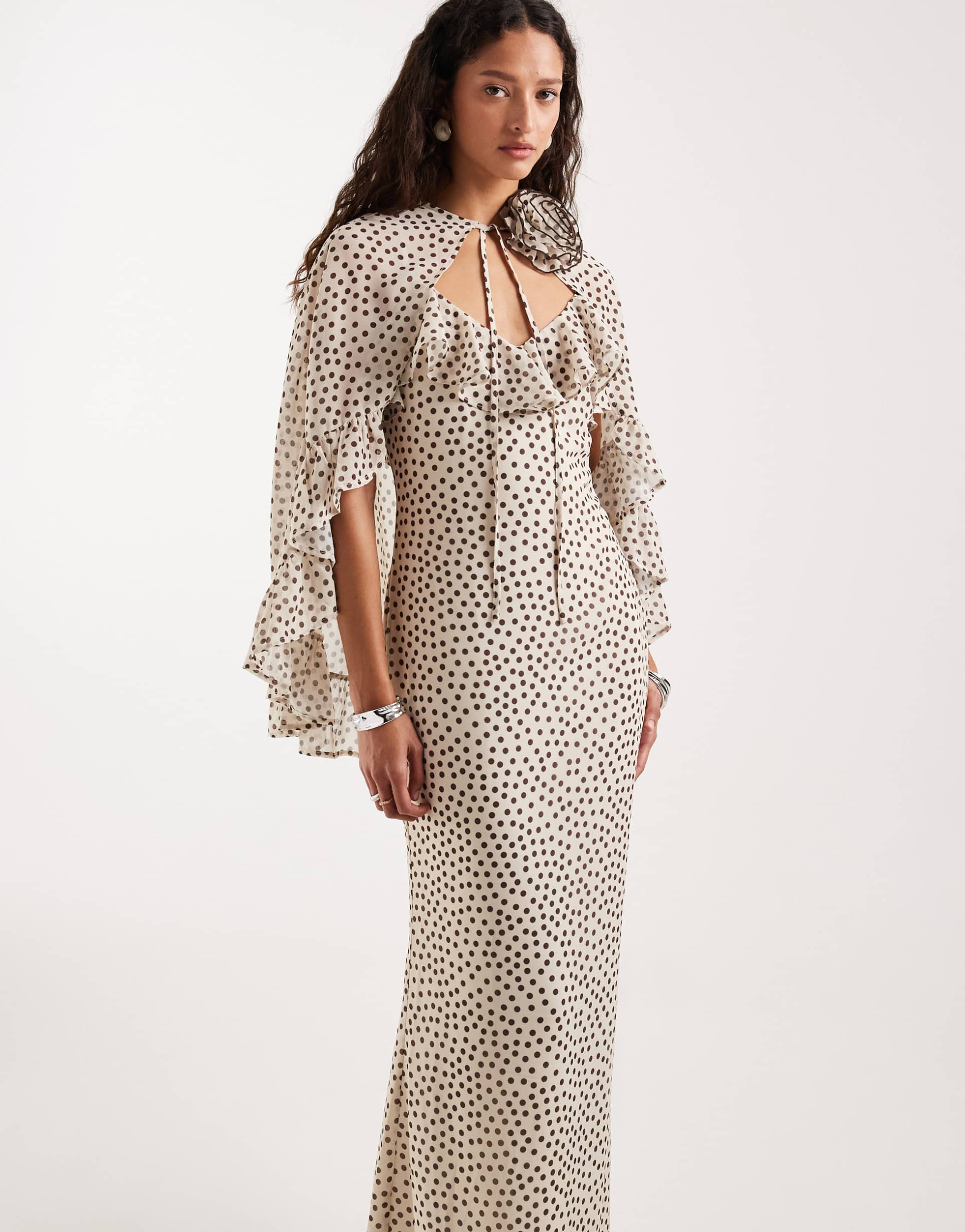 pretty lavish 2 in 1 corsage cape and v-neck cami maxi dress in cream and brown polka dots