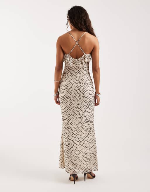 princess polly baby blue dress Pretty Lavish 2 in 1 corsage cape and v-neck cami maxi dress in cream and brown  polka dots