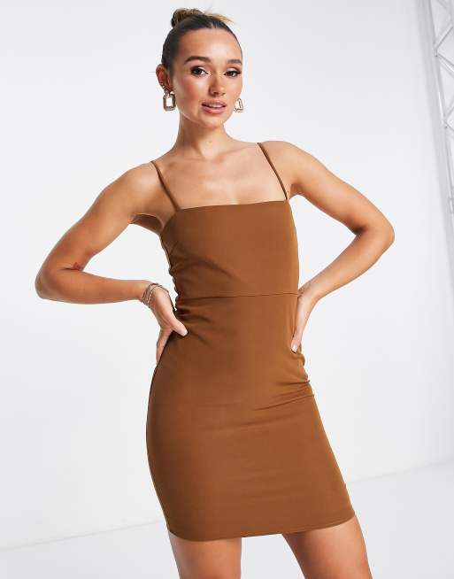 Pretty Lavish 90s square neck mini dress in brown