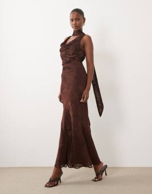 Pretty Lavish Ainsley Devore Cowl Neck Scarf Detail Maxi Dress In Brown