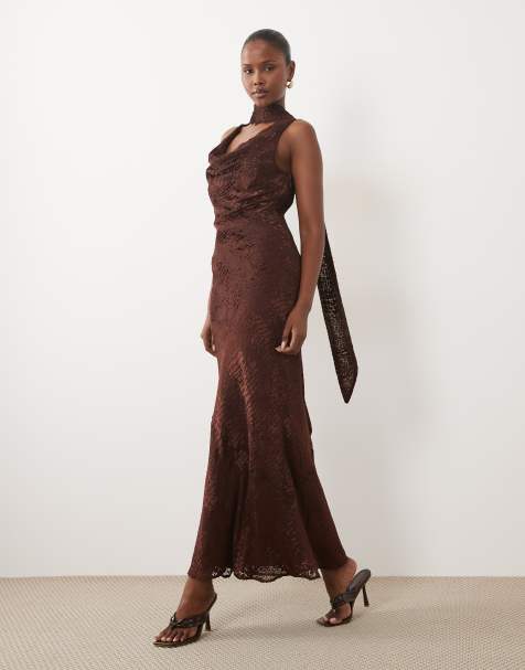Pretty Lavish Ainsley devore cowl neck scarf detail maxi dress in brown - view 1