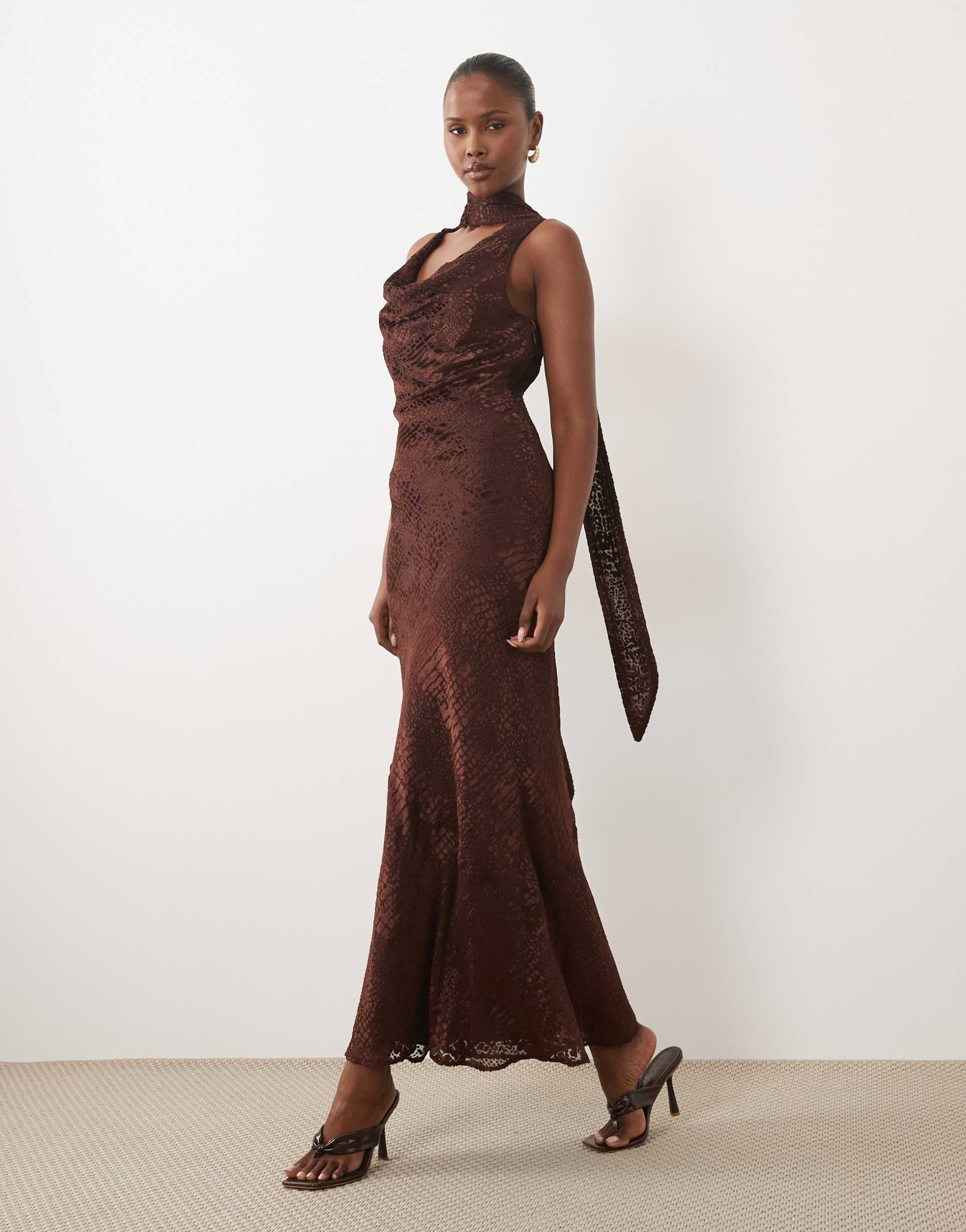 pretty lavish ainsley devore cowl neck scarf detail maxi dress in brown