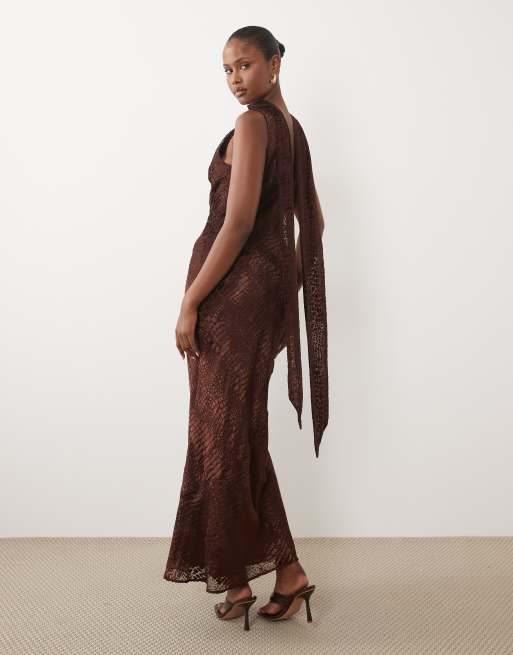 Pretty Lavish Ainsley devore cowl neck scarf detail maxi dress in brown, 2 of 4