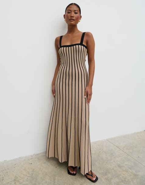 Pretty Lavish - Alyssia - Vestito beige a righe con gonna al polpaccio - view 1