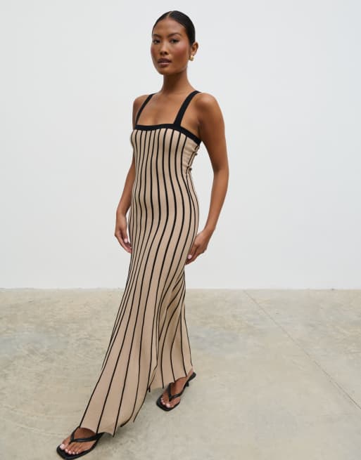 Pretty Lavish - Alyssia - Vestito beige a righe con gonna al polpaccio, 4 di 4